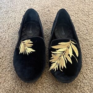 Birdies Black Velvet Flats with Gold Leaf Embroidery